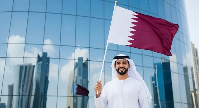 الاحتفال باليوم الوطني القطري 18 ديسمبر، إحياء ذكرى تأسيس الدولة، رجل عربي خليجي قطري يحمل علم قطر بايماءات الفخروالاعتزاز، رموز وثقافات وطنية, حب الوطن والانتماء إليه