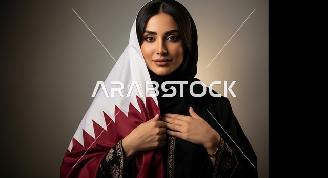 Celebrating Qatar National Day on December 18, commemorating the founding of the state, a Gulf Arab Qatari woman holding the Qatari flag with gestures of pride and honor, national symbols and cultures, love for the homeland and belonging to it.