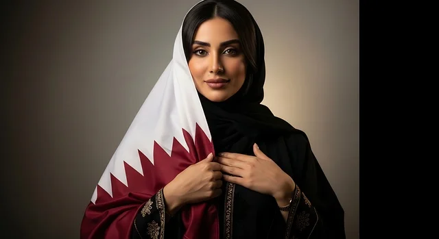 الاحتفال باليوم الوطني القطري 18 ديسمبر، إحياء ذكرى تأسيس الدولة، إمرأة عربية خليجية قطرية تحمل علم قطر بايماءات الفخروالاعتزاز، رموز وثقافات وطنية, حب الوطن والانتماء إليه