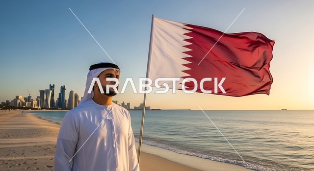 الاحتفال باليوم الوطني القطري 18 ديسمبر، إحياء ذكرى تأسيس الدولة، رجل عربي خليجي قطري يحمل علم قطر بايماءات الفخروالاعتزاز، رموز وثقافات وطنية, حب الوطن والانتماء إليه