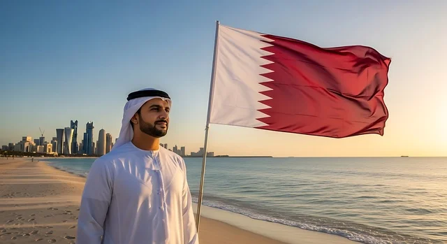 Celebrating Qatar National Day on December 18, commemorating the founding of the state, a Qatari Gulf Arab man holding the Qatari flag with gestures of pride and honor, national symbols and cultures, love for the homeland and belonging to it.