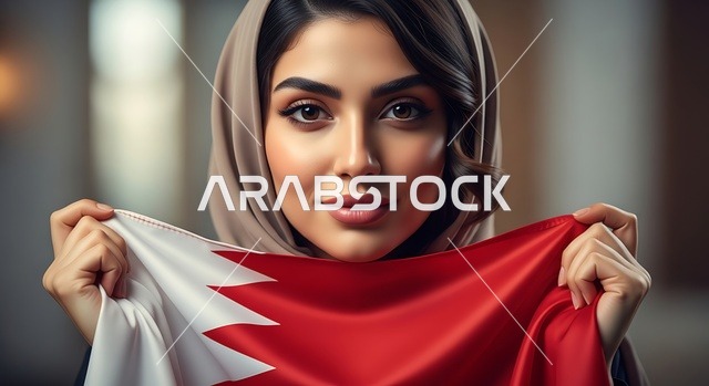 Commemorating the Independence Day on August 15, 1971, celebrating Bahrain's National Day on December 16, a Gulf Arab Bahraini woman wearing traditional attire holding the Bahrain flag, flags of Arab countries, national symbols and cultures, love for the homeland and belonging to it.