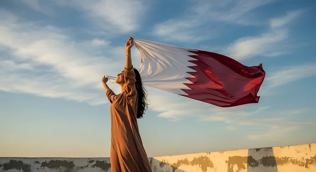 Celebrating Qatar National Day on December 18, commemorating the founding of the state, a Gulf Arab Qatari woman holding the Qatari flag with gestures of pride and honor, national symbols and cultures, love for the homeland and belonging to it.