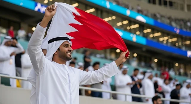 Commemorating the Independence Day on August 15, 1971, celebrating Bahrain's National Day on December 16, an Arab Gulf Bahraini man wearing traditional attire holding the Bahrain flag, flags of Arab countries, national symbols and cultures, love for the homeland and belonging to it.