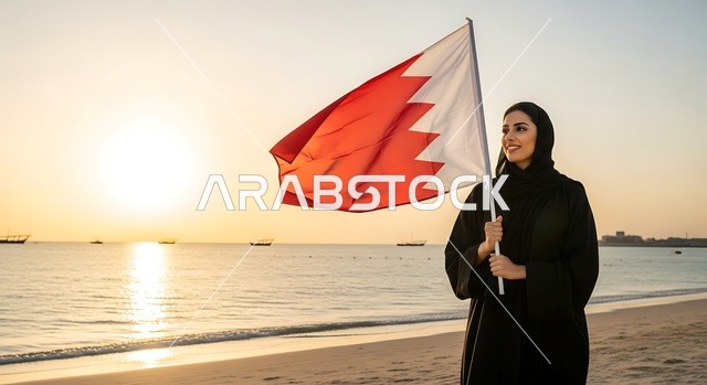 إحياء ذكرى عيد الاستقلال 15 آب 1971، الاحتفال باليوم الوطني البحريني 16 ديسمبر، إمرأة عربية خليجية بحرينية ترتدي الزي التقليدي تمسك علم البحرين، أعلام الدول العربية، رموز وثقافات وطنية, حب الوطن والانتماء إليه