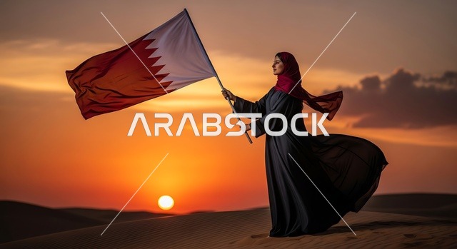 Commemorating the Independence Day on August 15, 1971, celebrating Bahrain's National Day on December 16, a Gulf Arab Bahraini woman wearing traditional attire holding the Bahrain flag, flags of Arab countries, national symbols and cultures, love for the homeland and belonging to it.