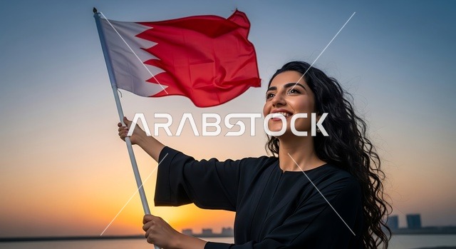 إحياء ذكرى عيد الاستقلال 15 آب 1971، الاحتفال باليوم الوطني البحريني 16 ديسمبر، إمرأة عربية خليجية بحرينية ترتدي الزي التقليدي تمسك علم البحرين، أعلام الدول العربية، رموز وثقافات وطنية, حب الوطن والانتماء إليه