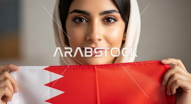 إحياء ذكرى عيد الاستقلال 15 آب 1971، الاحتفال باليوم الوطني البحريني 16 ديسمبر، إمرأة عربية خليجية بحرينية ترتدي الزي التقليدي تمسك علم البحرين، أعلام الدول العربية، رموز وثقافات وطنية, حب الوطن والانتماء إليه