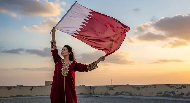 الاحتفال باليوم الوطني القطري 18 ديسمبر، إحياء ذكرى تأسيس الدولة، إمرأة عربية خليجية قطرية تحمل علم قطر بايماءات الفخروالاعتزاز، رموز وثقافات وطنية, حب الوطن والانتماء إليه