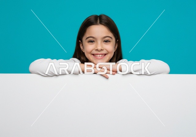 التفاعل و المتعة و التسلية ، بورتريه لفتاة عربية خليجية سعودية مبتسمة ترتدي الزي الكاجوال تنظر إلى الكاميرا بإيماءات السرور، خلفية زرقاء وبيضاء