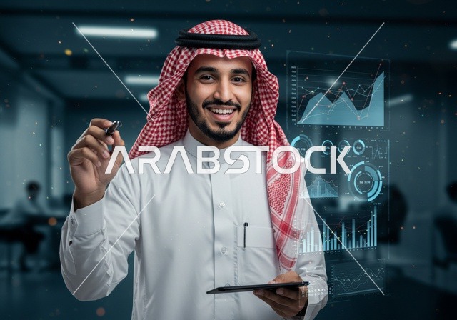 The global stock market, trading digital currency, integrating advanced technology with business, monitoring holographic charts on illuminated electronic screens, an Arab Gulf businessman from Saudi Arabia wearing traditional attire and a headscarf is observing the rise and fall of stocks.