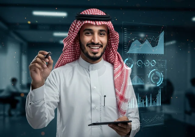 The global stock market, trading digital currency, integrating advanced technology with business, monitoring holographic charts on illuminated electronic screens, an Arab Gulf businessman from Saudi Arabia wearing traditional attire and a headscarf is observing the rise and fall of stocks.