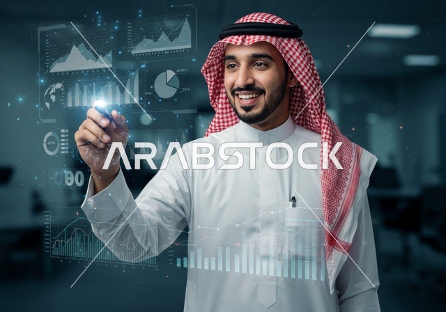 سوق البورصة العالمي، تداول العملة الرقمية، دمج التكنولوجيا المتطورة مع العمل، مراقبة الرسوم البيانيه الهولوجراميه على الشاشات الالكترونيه المضيئه، رجل أعمال عربي خليجي سعودي يرتدي الثوب التقليدي والشماغ يقوم بمراقبة ارتفاع وانخفاض الأسهم