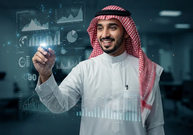 سوق البورصة العالمي، تداول العملة الرقمية، دمج التكنولوجيا المتطورة مع العمل، مراقبة الرسوم البيانيه الهولوجراميه على الشاشات الالكترونيه المضيئه، رجل أعمال عربي خليجي سعودي يرتدي الثوب التقليدي والشماغ يقوم بمراقبة ارتفاع وانخفاض الأسهم