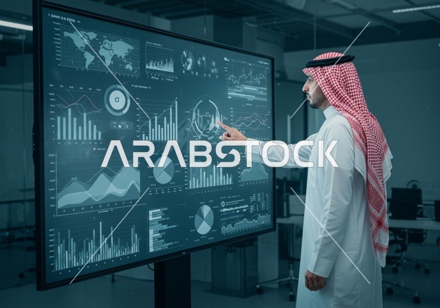 سوق البورصة العالمي، تداول العملة الرقمية، دمج التكنولوجيا المتطورة مع العمل، مراقبة الرسوم البيانيه الهولوجراميه على الشاشات الالكترونيه المضيئه، رجل أعمال عربي خليجي سعودي يرتدي الثوب التقليدي والشماغ يقوم بمراقبة ارتفاع وانخفاض الأسهم
