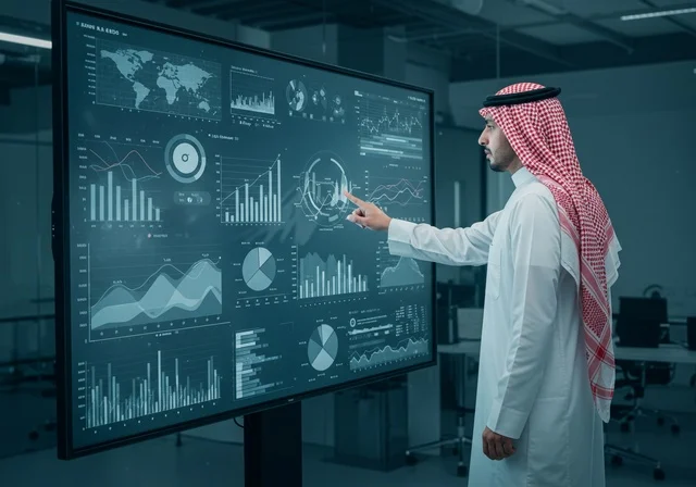 The global stock market, trading digital currency, integrating advanced technology with business, monitoring holographic charts on illuminated electronic screens, an Arab Gulf businessman from Saudi Arabia wearing traditional attire and a headscarf is observing the rise and fall of stocks.