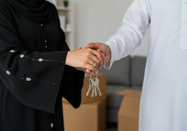 نقل العفش لبيت جديد، صناديق وحاويات كرتونية،  التعاون في نقل الصناديق، زوجان خليجيان عربيان سعوديان يمسكان مفتاح المنزل الجديد، ترتيب وتنظيم المنزل، امتلاك سكن جديد والاستقرار العائلي، اسكان وتمليك