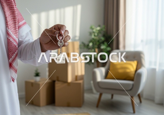 صناديق وحاويات كرتونية، نقل العفش لبيت جديد،  التعاون في نقل الصناديق، زوج خليجي عربي سعودي يمسك مفتاح المنزل الجديد، علاقة مفاتيح معدنية على شكل منزل صغير، ترتيب وتنظيم المنزل، امتلاك سكن جديد والاستقرار العائلي، اسكان وتمليك