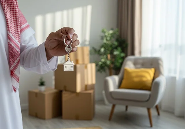 صناديق وحاويات كرتونية، نقل العفش لبيت جديد،  التعاون في نقل الصناديق، زوج خليجي عربي سعودي يمسك مفتاح المنزل الجديد، علاقة مفاتيح معدنية على شكل منزل صغير، ترتيب وتنظيم المنزل، امتلاك سكن جديد والاستقرار العائلي، اسكان وتمليك