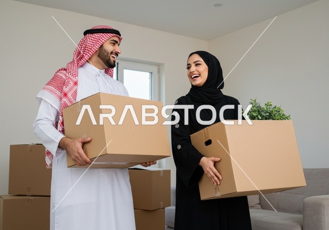 نقل العفش لبيت جديد، صناديق وحاويات كرتونية، التعاون في نقل الصناديق، زوجان خليجيان عربيان سعوديان ينظران إلى بعض بايماءات المحبة والسرور، ترتيب وتنظيم المنزل، امتلاك سكن جديد والاستقرار العائلي، اسكان وتمليك