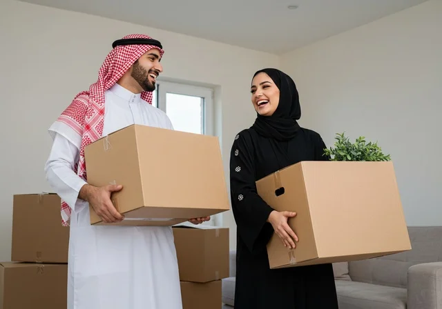 نقل العفش لبيت جديد، صناديق وحاويات كرتونية، التعاون في نقل الصناديق، زوجان خليجيان عربيان سعوديان ينظران إلى بعض بايماءات المحبة والسرور، ترتيب وتنظيم المنزل، امتلاك سكن جديد والاستقرار العائلي، اسكان وتمليك