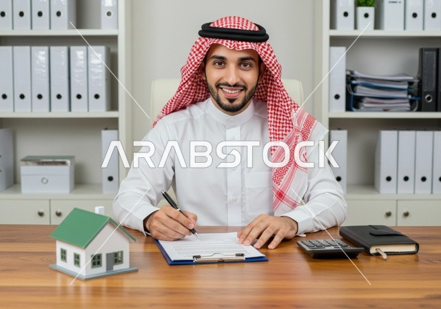 امضاء عقد شراء العقارات، السعي لامتلاك بيت جديد، الروابط الأسرية القوية، شاب عربي خليجي سعودي يرتدي الثوب الأبيض بجانبه على المكتب مجسم خشبي صغير لمنزل، النظر إلى الكاميرا بإيماءات السرور والأمل، اسكان وتمليك المنازل
