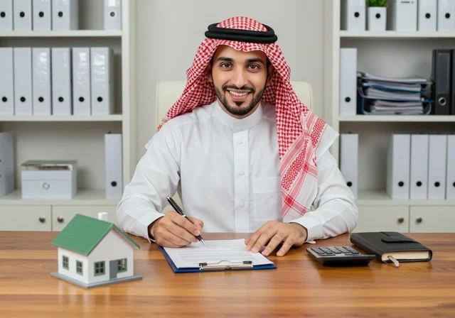 Signing a real estate purchase contract, striving to own a new home, strong family ties, a young Arab Gulf Saudi man wearing a white thobe next to a small wooden model of a house on the desk, looking at the camera with gestures of joy and hope, housing and ownership.