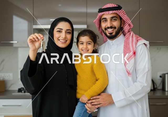 السعي لامتلاك بيت جديد، استلام مفتاح المنزل الجديد،عائلة عربية سعودية خليجية تنظر إلى الكاميرا بتعابير السرور, قضاء أوقات عائلية ممتعة ، مفهوم الاستقرار العائلي ، ايماءات تدل على السعادة والرضى ، الروابط الأسرية قوية ،بيع وشراء العقارات