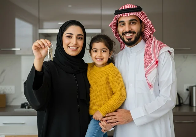 السعي لامتلاك بيت جديد، استلام مفتاح المنزل الجديد،عائلة عربية سعودية خليجية تنظر إلى الكاميرا بتعابير السرور, قضاء أوقات عائلية ممتعة ، مفهوم الاستقرار العائلي ، ايماءات تدل على السعادة والرضى ، الروابط الأسرية قوية ،بيع وشراء العقارات