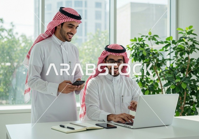 استخدام الحاسب والتقنية في مجال الاعمال، بيئة العمل المريحة في الشركات السعودية، الحوار و النقاش بين الزملاء، تبادل الخبرات والمعلومات لتحقيق الاهداف, موظفان عربيان خليجيان سعوديان يقومان بالعمل ومشاركة الأفكار داخل مقر الشركة