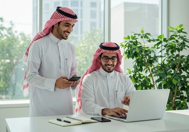 استخدام الحاسب والتقنية في مجال الاعمال، بيئة العمل المريحة في الشركات السعودية، الحوار و النقاش بين الزملاء، تبادل الخبرات والمعلومات لتحقيق الاهداف, موظفان عربيان خليجيان سعوديان يقومان بالعمل ومشاركة الأفكار داخل مقر الشركة