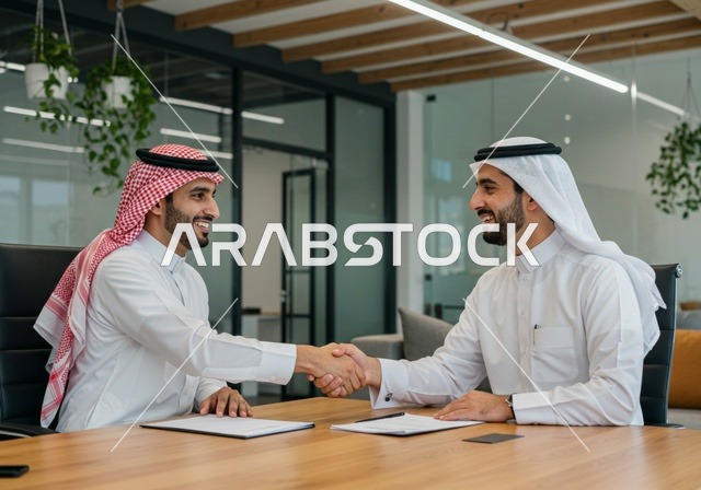 إتفاق عقد عمل جديد ، رجلان عربيان خليجيان سعوديان يتصافحان لنجاح الصفقة داخل مقر الشركة ،  مهن وأعمال تجارية ، شركة سعودية ناجحة ،  بيئة العمل المريحة في الشركات السعودية، استخدام التقنيات الحديثة في مجال الاعمال