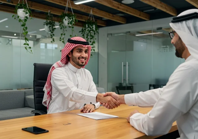 إتفاق عقد عمل جديد ، رجلان عربيان خليجيان سعوديان يتصافحان لنجاح الصفقة داخل مقر الشركة ،  مهن وأعمال تجارية ، شركة سعودية ناجحة ،  بيئة العمل المريحة في الشركات السعودية، استخدام التقنيات الحديثة في مجال الاعمال