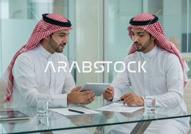 استخدام الحاسب والتقنية في مجال الاعمال، بيئة العمل المريحة في الشركات السعودية، الحوار و النقاش بين الزملاء، تبادل الخبرات والمعلومات لتحقيق الاهداف, موظفان عربيان خليجيان سعوديان يقومان بالعمل ومشاركة الأفكار داخل مقر الشركة