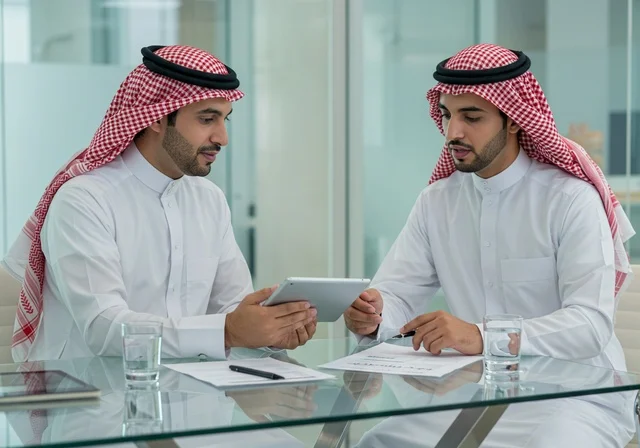 استخدام الحاسب والتقنية في مجال الاعمال، بيئة العمل المريحة في الشركات السعودية، الحوار و النقاش بين الزملاء، تبادل الخبرات والمعلومات لتحقيق الاهداف, موظفان عربيان خليجيان سعوديان يقومان بالعمل ومشاركة الأفكار داخل مقر الشركة