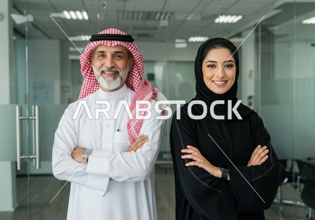 الوقوف بايدي متقاطعة، بيئة العمل المريحة في الشركات السعودية، تبادل الخبرات والمعلومات لتحقيق الاهداف, موظفان عربيان خليجيان سعوديان يقفون في مقر الشركة