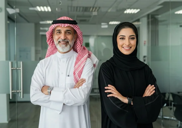 الوقوف بايدي متقاطعة، بيئة العمل المريحة في الشركات السعودية، تبادل الخبرات والمعلومات لتحقيق الاهداف, موظفان عربيان خليجيان سعوديان يقفون في مقر الشركة
