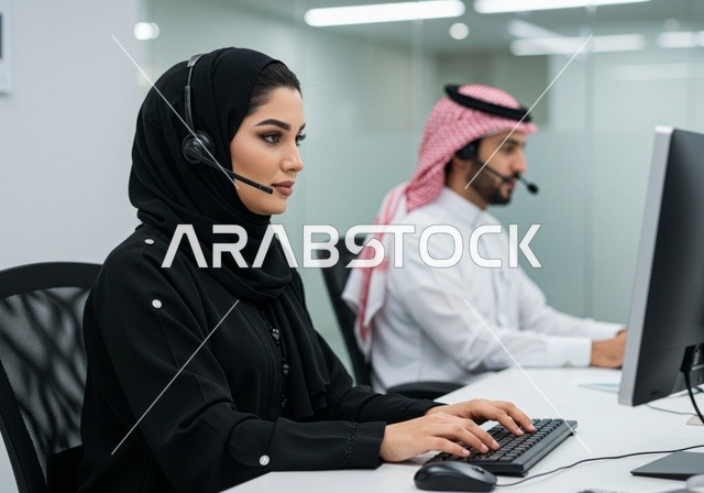 The comfortable work environment in Saudi companies, exchanging experiences and information to achieve goals, two Arab Gulf Saudi employees sitting at their desk inside the company headquarters wearing headphones, using computers and technology in the field of business, dialogue and discussion among colleagues.