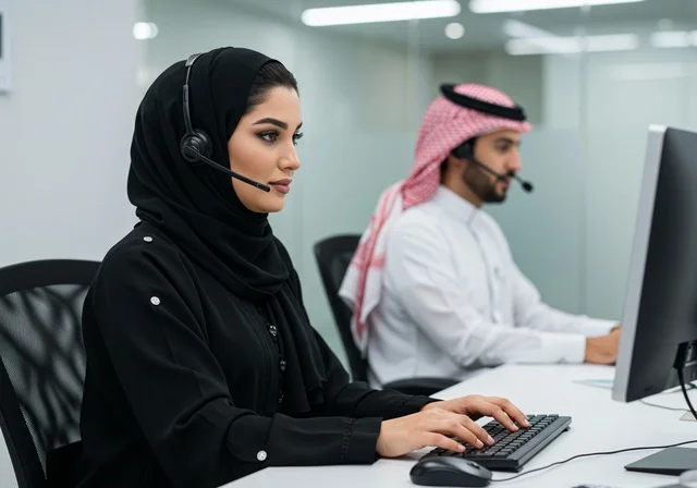 The comfortable work environment in Saudi companies, exchanging experiences and information to achieve goals, two Arab Gulf Saudi employees sitting at their desk inside the company headquarters wearing headphones, using computers and technology in the field of business, dialogue and discussion among colleagues.