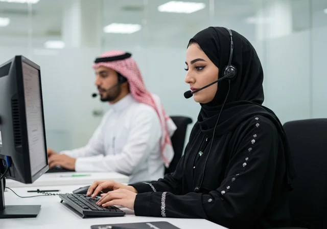 Exchange of experiences and information to achieve goals, two Saudi Arabian Gulf Arab employees sitting at their desk inside the company headquarters wearing headsets, using computers and technology in the field of business, the comfortable work environment in Saudi companies, dialogue and discussion among colleagues.