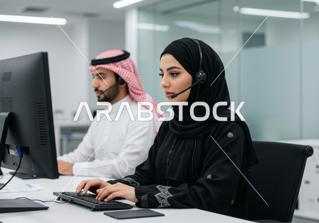 تبادل الخبرات والمعلومات لتحقيق الاهداف, موظفان عربيان خليجيان سعوديان يجلسان على مكتبهم داخل مقر الشركة ويضعون سماعة الرأس، استخدام الحاسب والتقنية في مجال الاعمال، بيئة العمل المريحة في الشركات السعودية