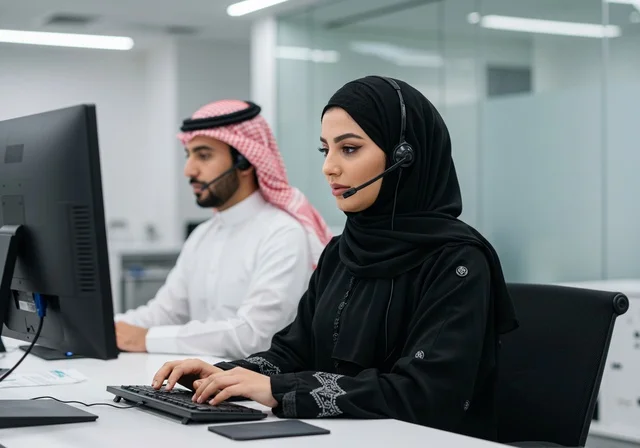 تبادل الخبرات والمعلومات لتحقيق الاهداف, موظفان عربيان خليجيان سعوديان يجلسان على مكتبهم داخل مقر الشركة ويضعون سماعة الرأس، استخدام الحاسب والتقنية في مجال الاعمال، بيئة العمل المريحة في الشركات السعودية