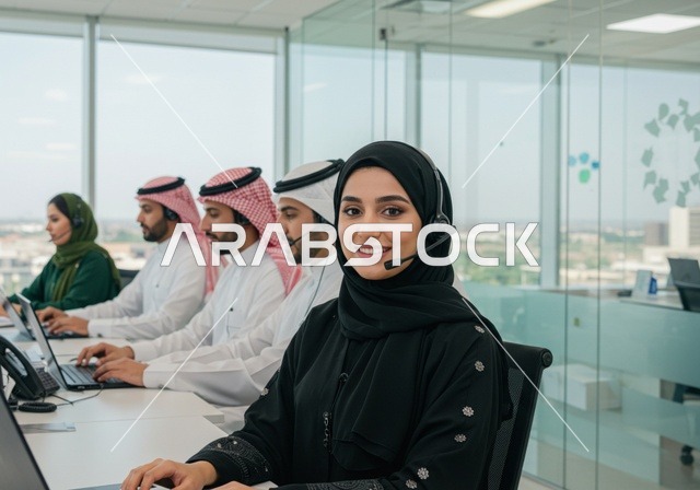 العمل في مجال خدمة العملاء، بيئة العمل المريحة في الشركات السعودية، استخدام الحاسب والتقنية في مجال الاعمال، الحوار و النقاش بين الزملاء، تبادل الخبرات والمعلومات لتحقيق الاهداف, صورة مقربة لموظفين عربيين خليجيين سعوديين يجلسون على مكاتبهم داخل مقر الشركة