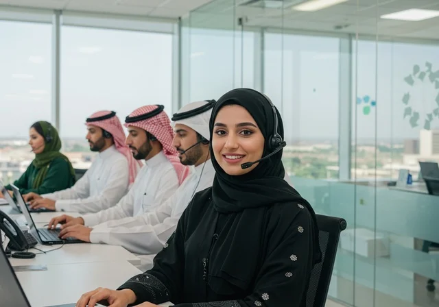 Working in the field of customer service, the comfortable work environment in Saudi companies, the use of computers and technology in the business field, dialogue and discussion among colleagues, exchanging experiences and information to achieve goals, a close-up image of Arab Gulf Saudi employees sitting at their desks inside the company headquarters.