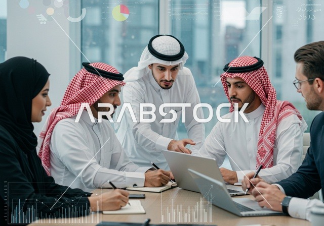 تطوير ودراسة المشاريع الجديدة في شركات المملكة العربية السعودية، استخدام جهاز تقني حديث، جمع البيانات وحل المشكلات، اجتماع ومناقشة عمل في مقر الشركة، رجل أعمال عربي خليجي سعودي  يقوم بمناقشة الأعمال مع زملاءه داخل المكتب