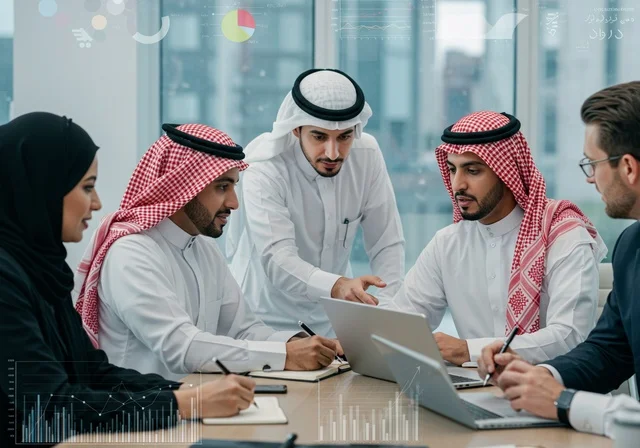 تطوير ودراسة المشاريع الجديدة في شركات المملكة العربية السعودية، استخدام جهاز تقني حديث، جمع البيانات وحل المشكلات، اجتماع ومناقشة عمل في مقر الشركة، رجل أعمال عربي خليجي سعودي  يقوم بمناقشة الأعمال مع زملاءه داخل المكتب