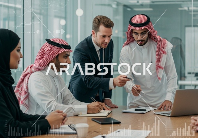 Discussions and dialogues about projects, developing plans and achieving the company's goals, cooperation and participation in completing tasks, Arab Gulf businessmen from Saudi Arabia managing and organizing work affairs, administrative and office job professions.