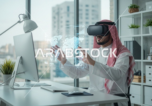 محاكاة العالم الخيالي, الاندماج و التفاعل مع الواقع الافتراضي, رجل عربي خليجي سعودي يرتدي الثوب والشماغ التقليدي يضع نظارة الفي ار ويقوم بلمس شاشة هولوجرامية ثلاثية الأبعاد للخرائط الجغرافية, استخدام التقنيات الحديثة والمتطورة