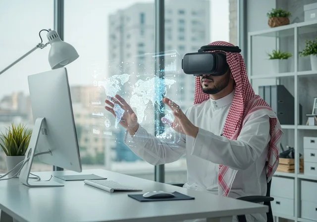 محاكاة العالم الخيالي, الاندماج و التفاعل مع الواقع الافتراضي, رجل عربي خليجي سعودي يرتدي الثوب والشماغ التقليدي يضع نظارة الفي ار ويقوم بلمس شاشة هولوجرامية ثلاثية الأبعاد للخرائط الجغرافية, استخدام التقنيات الحديثة والمتطورة