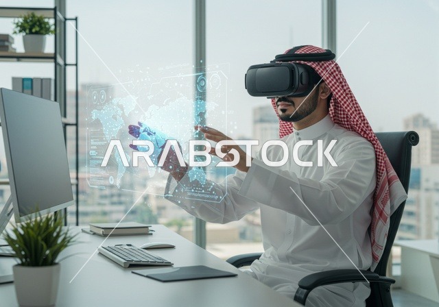 محاكاة العالم الخيالي, الاندماج و التفاعل مع الواقع الافتراضي, رجل عربي خليجي سعودي يرتدي الثوب والشماغ التقليدي يضع نظارة الفي ار ويقوم بلمس شاشة هولوجرامية ثلاثية الأبعاد للخرائط الجغرافية, استخدام التقنيات الحديثة والمتطورة